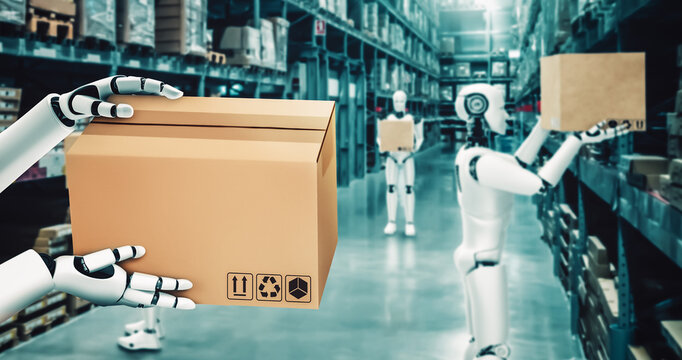 Innovative industry robot working in warehouse for human labor replacement . Concept of artificial intelligence for industrial revolution and automation manufacturing process .