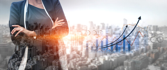 A poised businesswoman stands with crossed arms in a modern urban setting, with a graph overlay depicting growth, symbolizing success and strategic planning in business. Scalp © InfiniteFlow