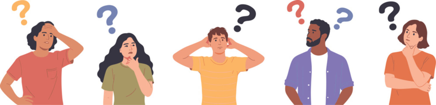 Five people with question marks above their heads group