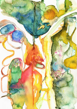 Abstract Botanical Forms with Floating Leaves and Seed Pod Shapes, Hand-Painted Watercolor