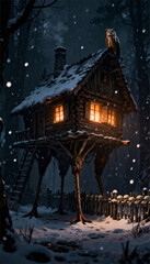 Naklejka premium Baba Yaga witch hut on chicken leg standing in snowy dark winter forest at night. Mystical log cabin with owl on roof and skull fence. Folklore, fantasy and scary fairy tale concept.