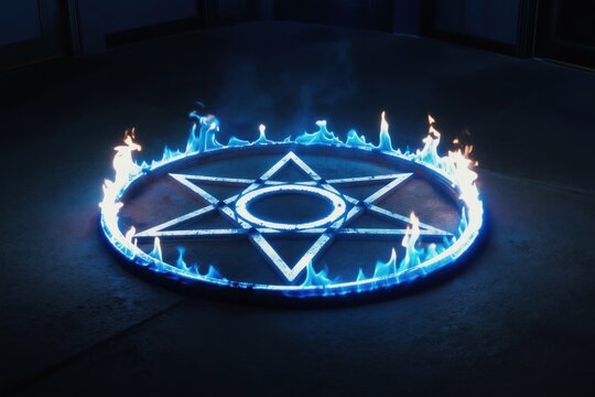 A pentagram symbol on a concrete floor burns with bright blue and orange flames. The mystic circle emits a glowing light in a dark room interior.