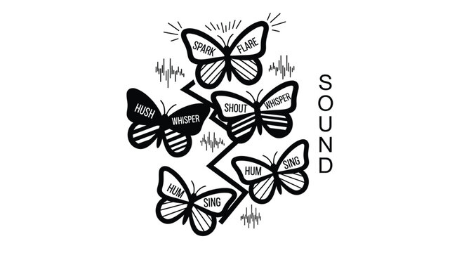 Sound wave butterflies, black and white vector icons, audio waveform insects, music symbol butterflies