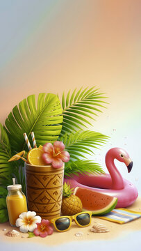 Tropical summer composition with cocktail, palm leaves, flamingo pool float, watermelon and pineapple, beach vacation concept, bright colors, copy space, minimal background, flat vector illustration