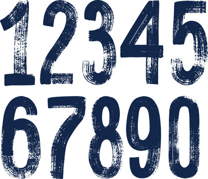 grunge vector numbers with brush stroke texture, navy blue hand painted digit collection, distressed ink typography elements on transparent background