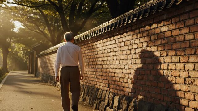 Elderly man walking away along a path next to a traditional brick wall