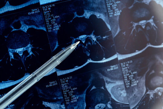 Mri scan image of spine showing disc protrusion with medical analysis context, pinched sciatic nerve in leg buttock