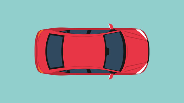 Red sedan car in top view with modern design, overhead perspective with roof, windows, and body layout for navigation, mapping, transport, and urban mobility concept, flat vector illustration