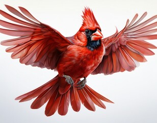 Obraz premium a vibrant red northern cardinal in flight isolated on white background with outstretched wings and distinctive crest