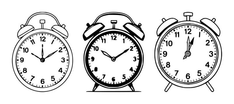 Clock set with black line art on white background featuring retro style, analog face, hour markers with center dial and time indication