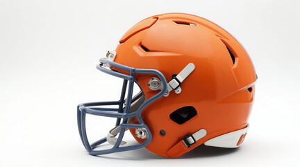 Fototapeta premium Orange football helmet with grey face mask isolated on white background. Protective sports gear for player safety during game. Modern design, team colors.