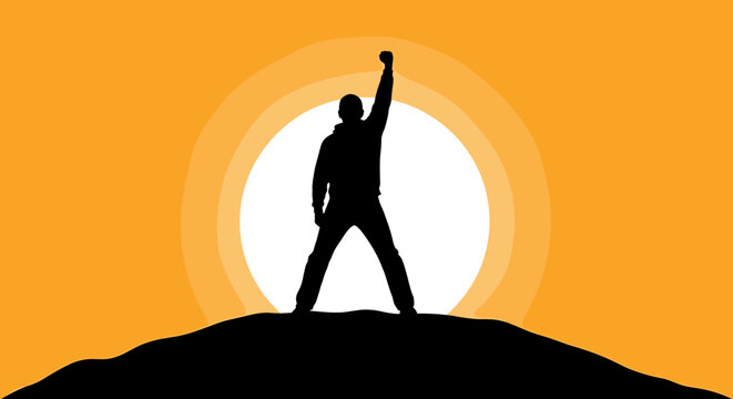 Triumphant Silhouette of a Man with Raised Fist Against a Rising Sun Professional Vector Illustration for Success and Motivation Branding