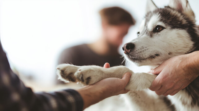 close up of a dog with an injured paw in a vet clinic or pet insurance and animal healthcare concepts