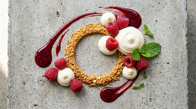 Top view of a modern gourmet dessert plated on a grey concrete surface, featuring fresh raspberries, piped white cream, golden cookie crumble ring, mint, and berry sauce.