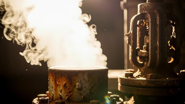 Steam rising from a rusty industrial pipe with a large valve