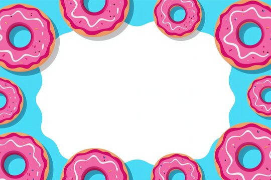 Sweet pink donuts arranged on blue background form festive border. This playful design with icing and sprinkles is perfect for celebrations. It offers cheerful blank space for messages or photos.