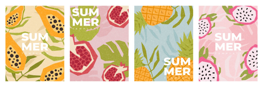 Summer Tropical Social Media Template Set with Fruit Backgrounds and Grain Texture Vector Collection