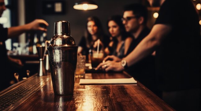 Bartender mixes drinks at bar counter. People friends enjoy cocktails at table in lounge bar. Bokeh lights create warm atmosphere for social gathering night out.