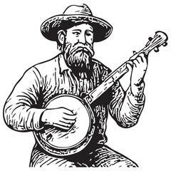 Naklejka premium Banjo Player Folk Musician Traditional String Instrument Vintage Style Illustration