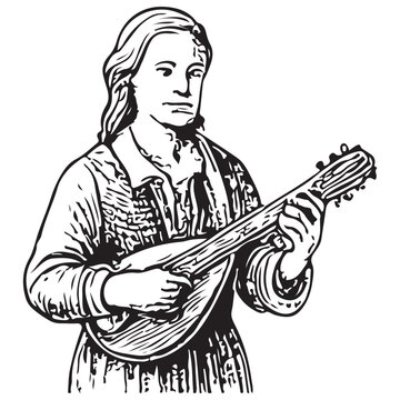 Mandolin Player Folk Musician Traditional String Instrument Vintage Illustration