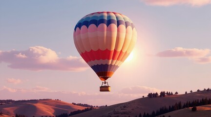 Obraz premium Hot air balloon floats gently over rolling hills at sunrise. Colorful balloon basket carries people on adventure. Soft pastel clouds drift in sky.
