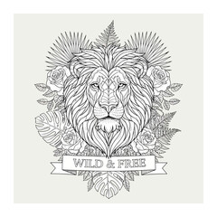 Fototapeta premium Lion head portrait with exotic flowers and leaf wreath t shirt illustration