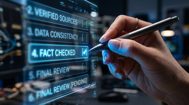Fact checked data review, anti ai slop conten verification in digital interface with hand and pen