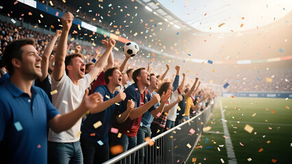 Fototapeta premium Excited soccer fans celebrating victory in stadium with confetti.
