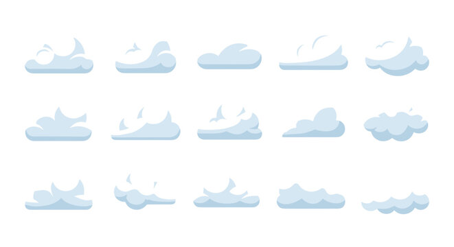 Collection of various white clouds in different shapes