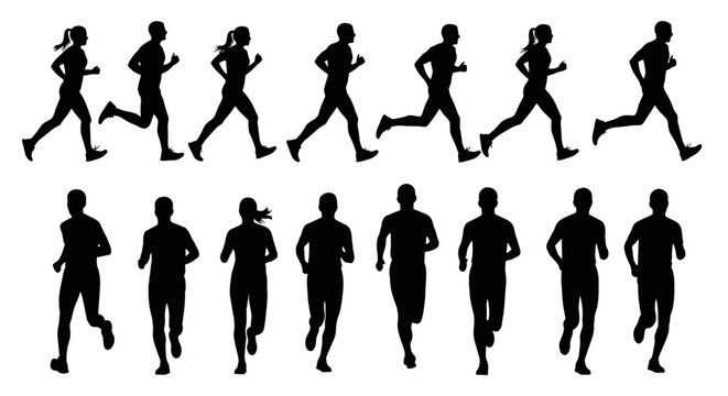 Set of silhouette running and walking figures in motion