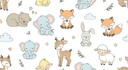 Naklejka premium Cute cartoon animals pattern with fox, rabbit, and deer