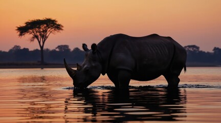 Fototapeta premium Rhino drinks water at lake during sunset. Lone tree silhouetted on horizon. Warm orange sky reflects on water surface. Wild animal in its natural habitat.