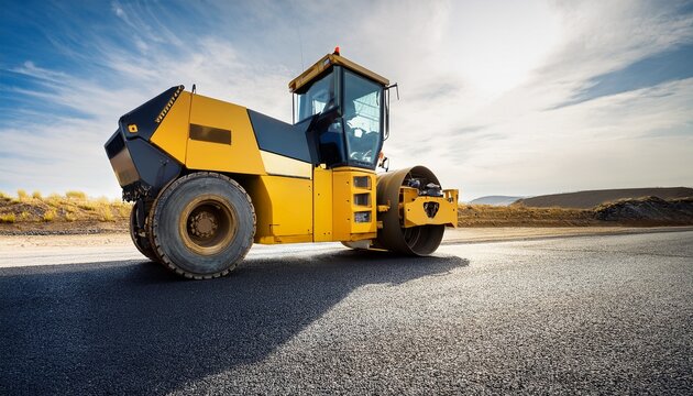 yellow asphalt paver machine loaded with aggregate on a roadway