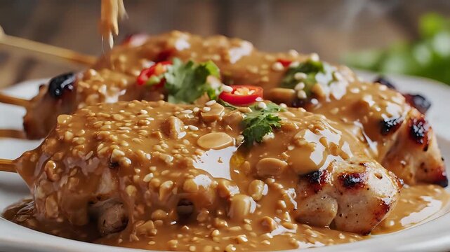 Delicious Chicken Satay Skewers with Creamy Peanut Sauce Being Poured.