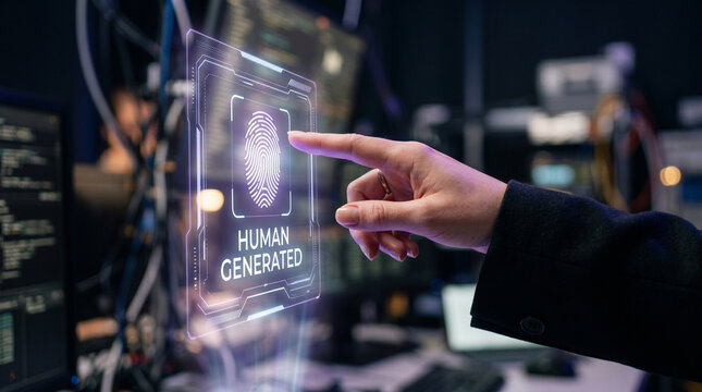 Finger point fingerprint screen human generated anti ai slop content moderation digital interface virtual panel hand gesture technology