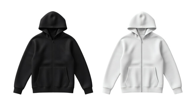 Realistic black and white zip up hooded sweatshirt mockups displayed side by side for apparel design presentation&nbsp;