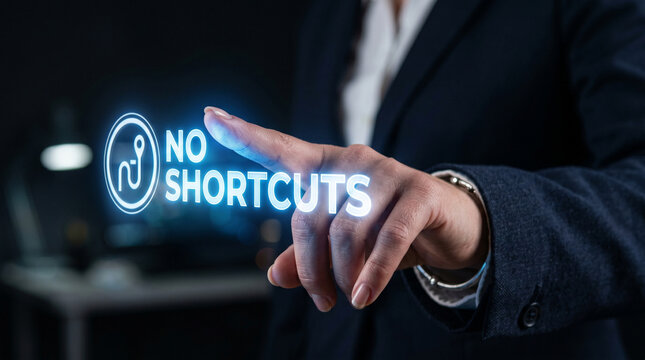 Anti ai slop conten no shortcuts hand pointing glowing text in dark office