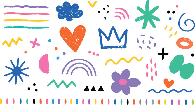 set of hand drawn colorful scribbles and doodles, creative sketch textures with stars and hearts, artistic nursery decor elements on transparent background