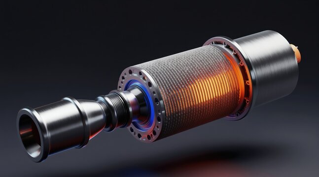 Automotive diesel particulate filter and catalytic converter shown in cross section. Metal components with glowing orange interior and blue light detail on black background.