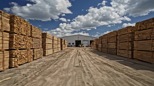 Stacks of processed lumber at industrial sawmill outdoor yard