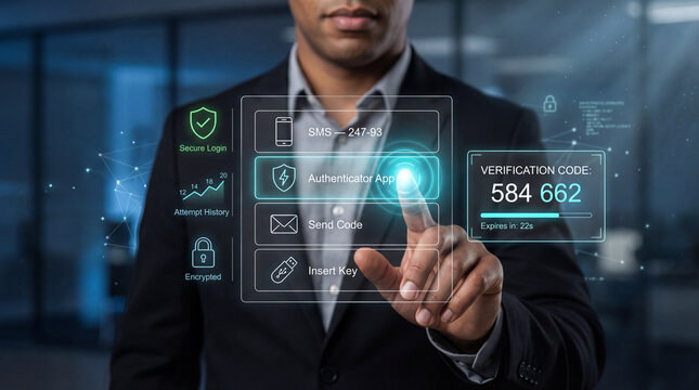 Black businessman selecting authenticator app option on a futuristic multi-factor authentication (MFA) interface with options for secure login and identity verification