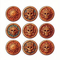 Fototapeta premium Aztec skulls and sun symbols adorn ancient round coins. These artifacts feature intricate carvings and central faces. They are perfect for games and historical themes.