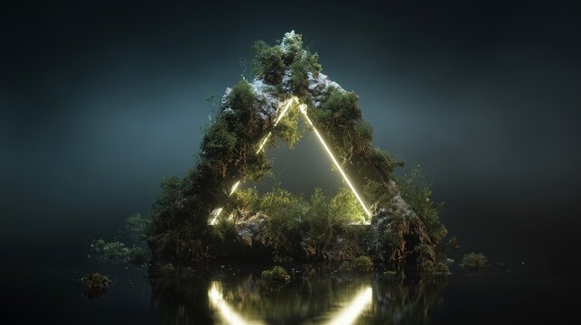 mystical triangle mirror neon lights floating artifact moss quartz bali cinematic surreal reflective composition
