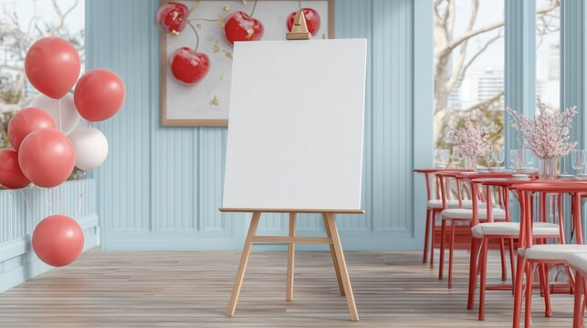welcome sign mockup easel cafe birthday cherry decor pastel blue red celebration restaurant portrait blank