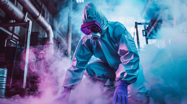 Hazmat technician in light blue suit and purple goggles working through dense toxic pink and blue vapor. Industrial emergency response scene with chemical gas clouds and protective gear