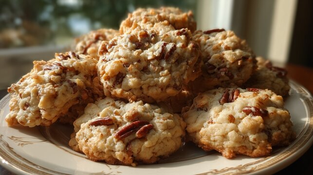 coconut pecan cookies closeup iPhone photography golden brown chewy texture morning sunlight plate food
