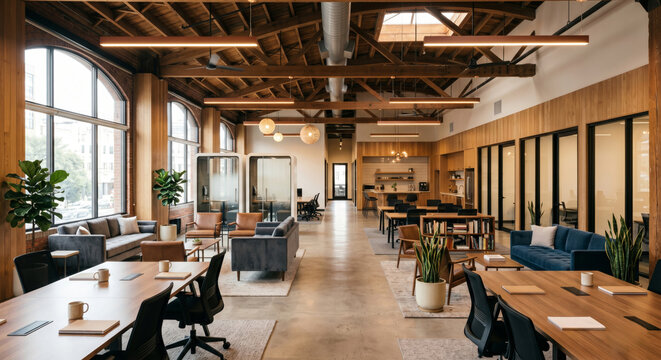 A spacious and modern office interior with wooden accents and large windows providing natural light