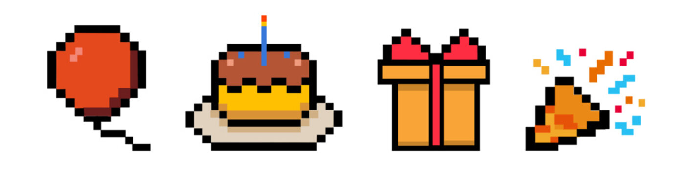 Colorful pixel art set of birthday themed icons including balloon, birthday cake with candle, gift box, and party popper. Retro 8 bit vector graphic design