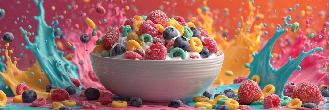 Vibrant graphical illustration of a bowl filled with colorful fruity cereal loops. Bright and playful breakfast scene with milk splashes and fun pop art colors.