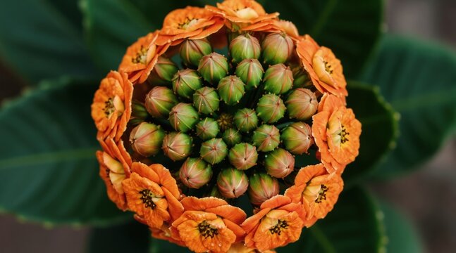 Close view of orange flowers and green buds on plant stem. Delicate petals surround unopened flower heads against dark foliage background. Nature detail showing growth.